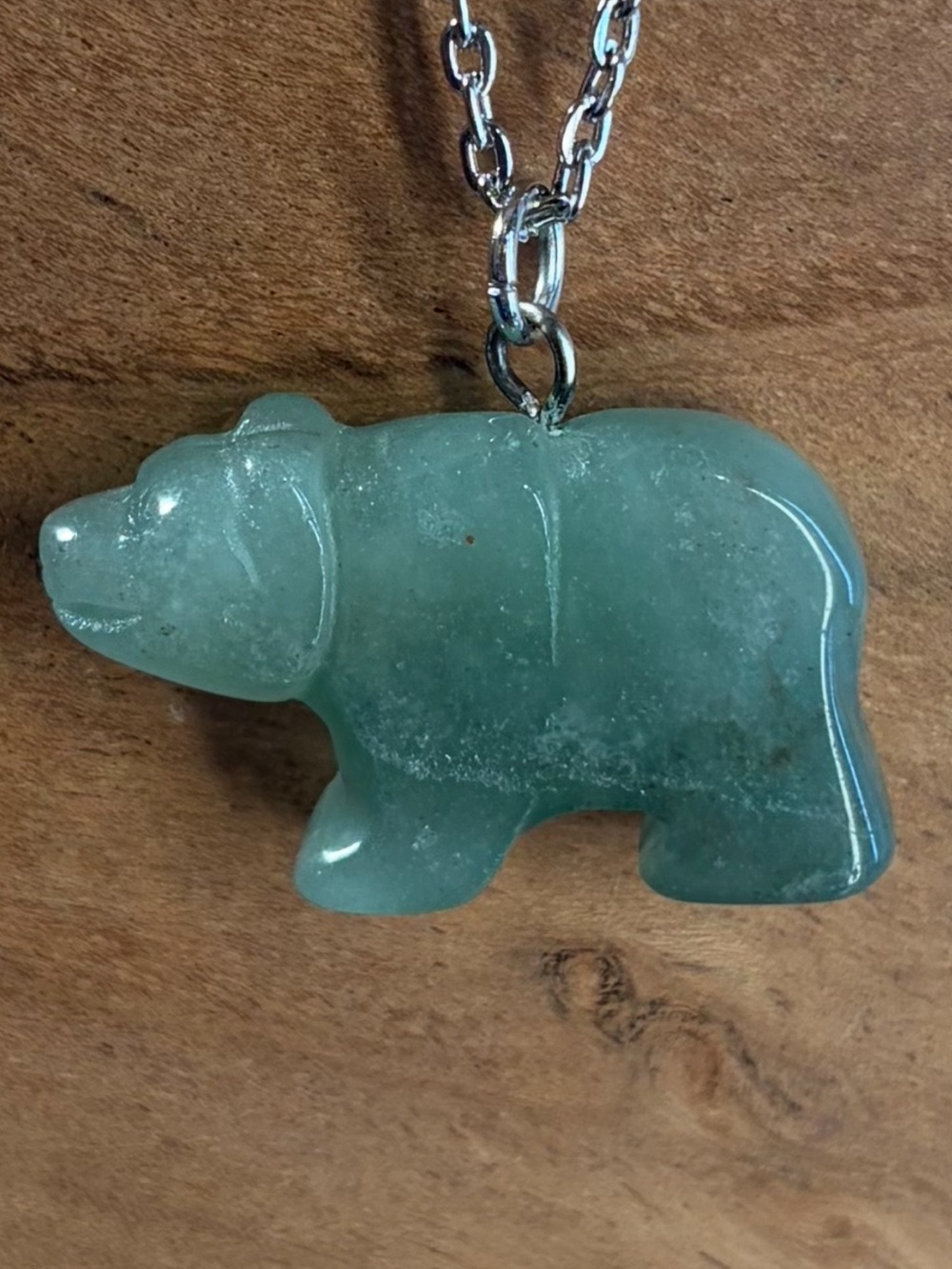 Green Aventurine Bear Hand-Carved Pendant Necklace Long
